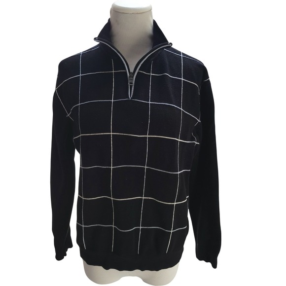 MExx Quarter Zip Pullover‎ Sweater Grid Pattern Long Sleeve Black White XS Mens - Picture 1 of 6